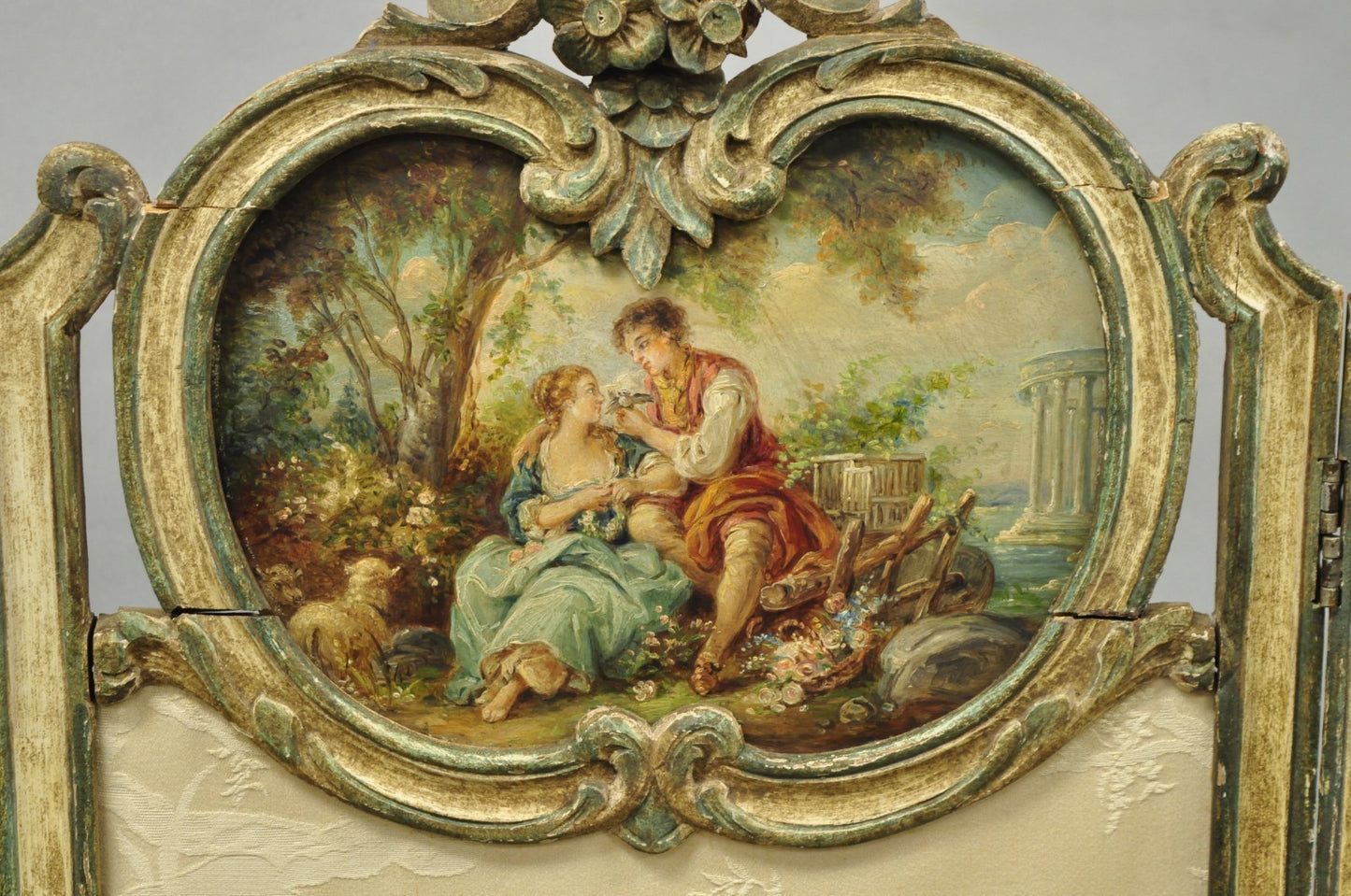 Antique French Louis XV Hand Painted Petite 3 Panel Folding Dressing Screen