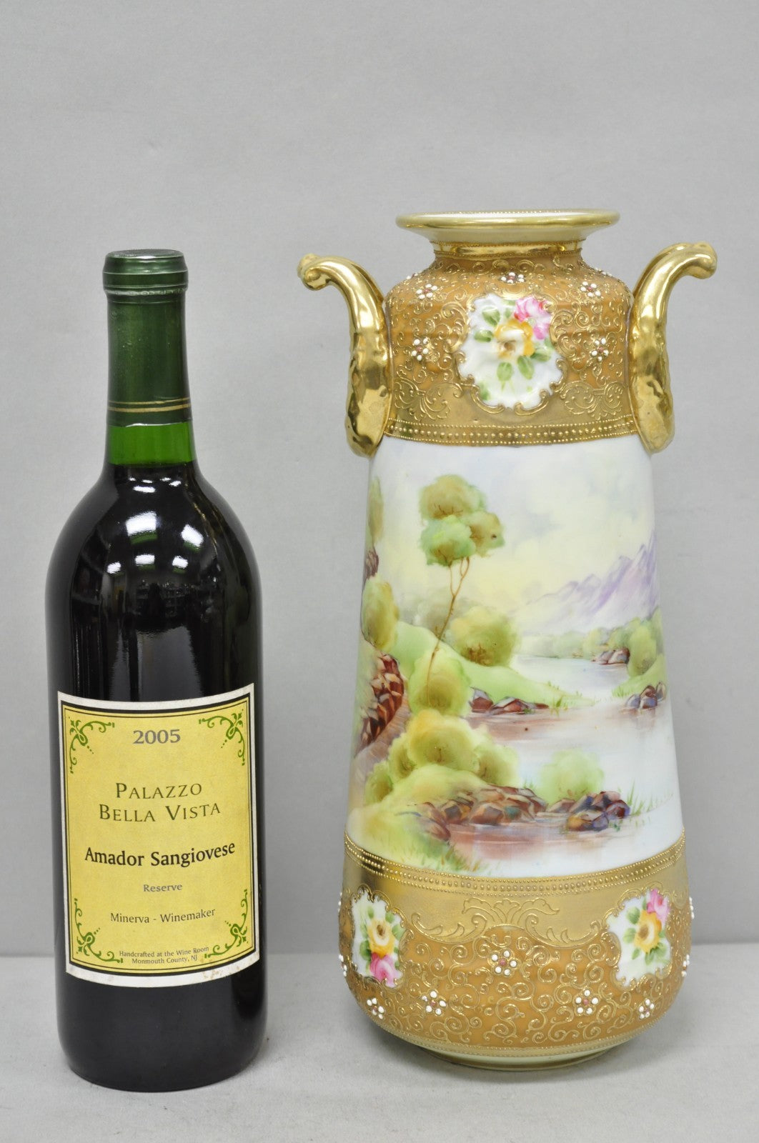 Antique Nippon Hand Painted Lake Scene Art Nouveau Twin Handle Porcelain Vase