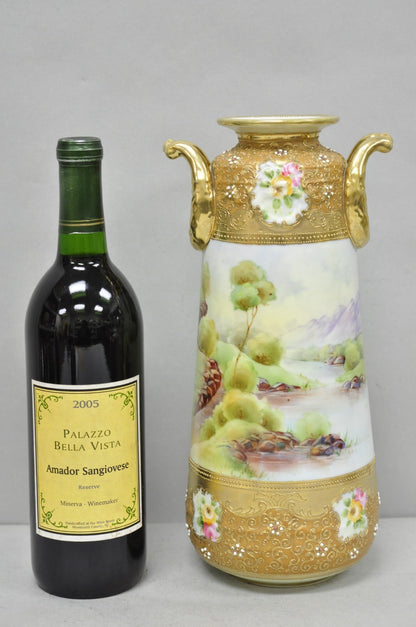 Antique Nippon Hand Painted Lake Scene Art Nouveau Twin Handle Porcelain Vase