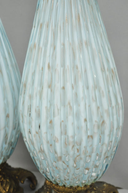 Vintage Mid Century Modern Blue Italian Murano Glass Gold Bubble Table Lamp Pair