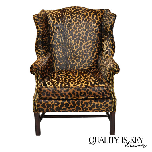 English Georgian Leopard Cheetah Hair on Hide Leather Upholstery Wingback Chair