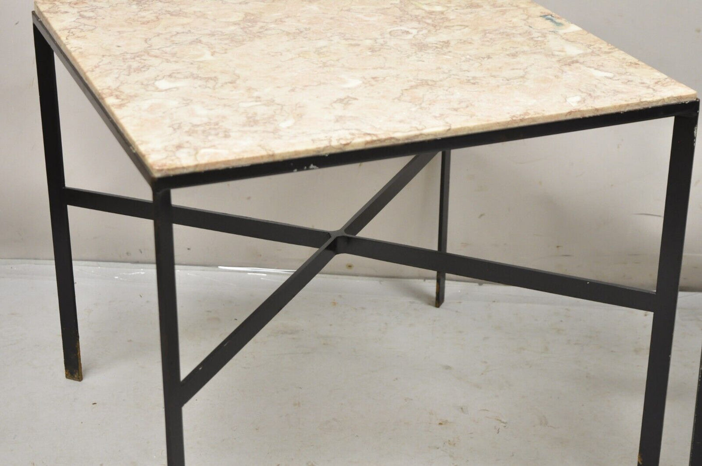 Vintage Paul McCobb Style Wrought Iron and Marble Square Side Tables - a Pair