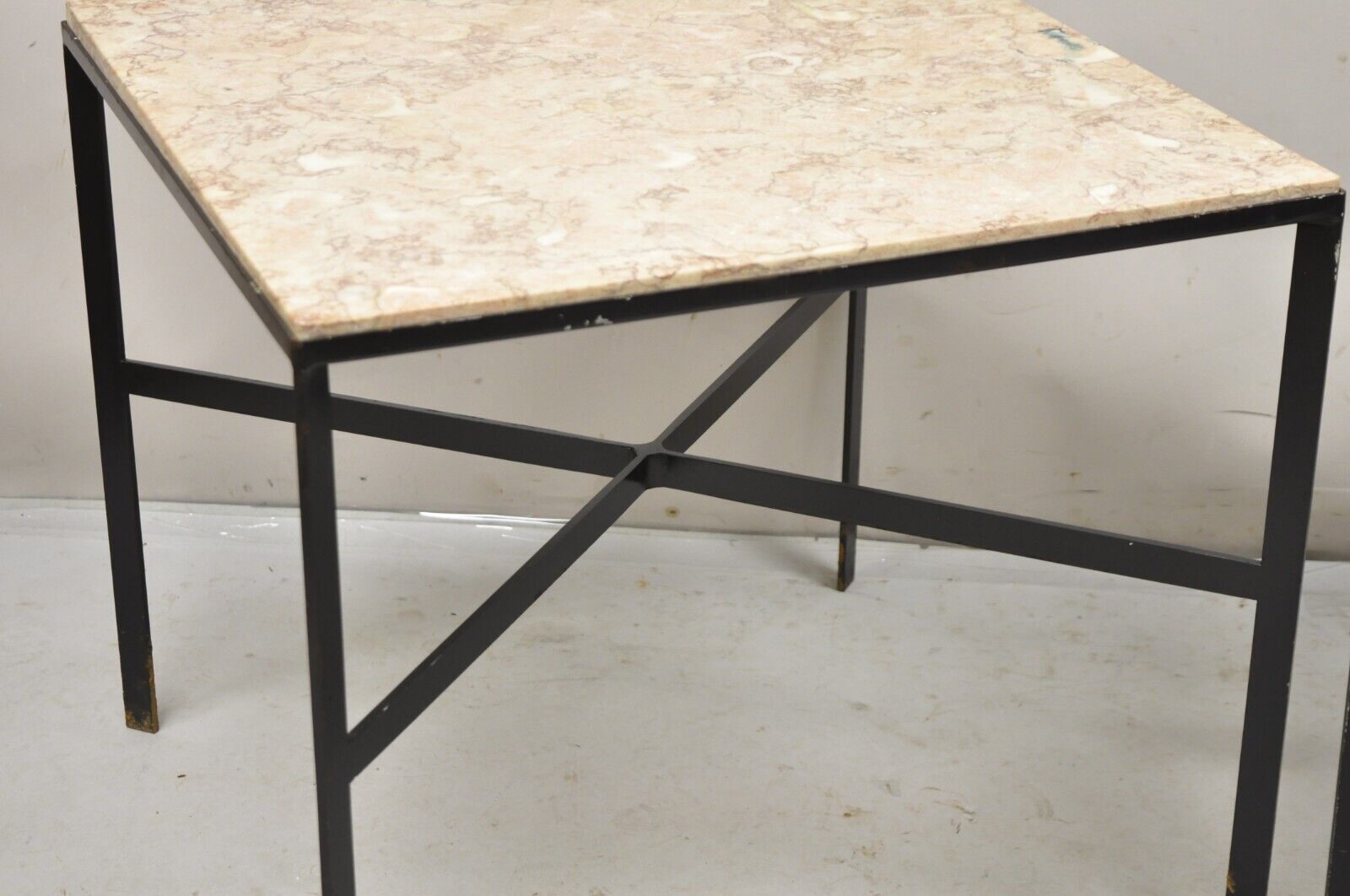 Vintage Paul McCobb Style Wrought Iron and Marble Square Side Tables - a Pair