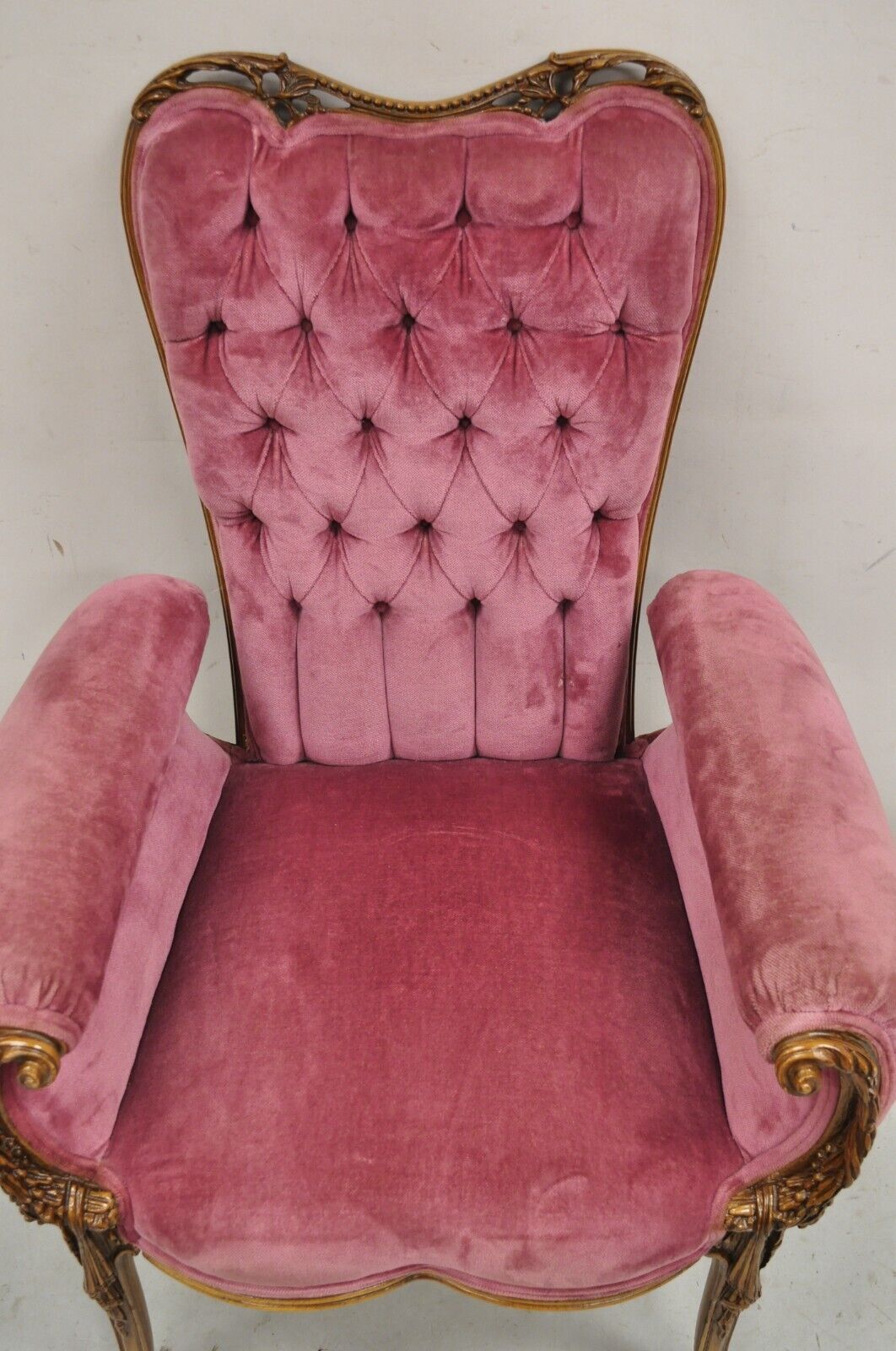 Antique Victorian Pink Tufted Carved Wood Parlor Arm Chair
