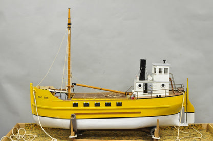 Large 48" Vintage Wooden Fishing Vessel Model Ship Yellow Hull South Korean Flag