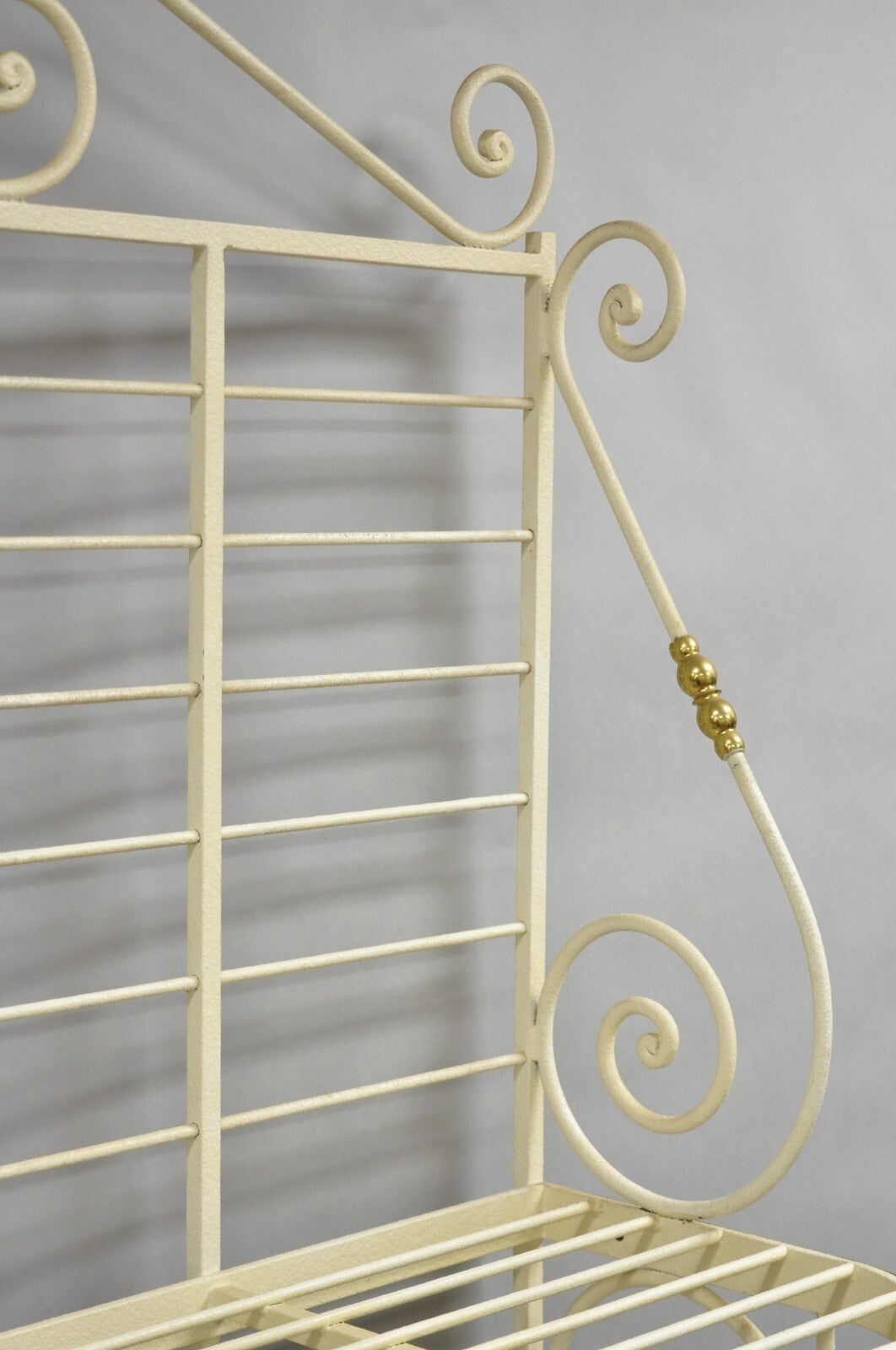 Vintage French Country White Wrought Iron & Brass 3 Tier Pastry Bakers Rack