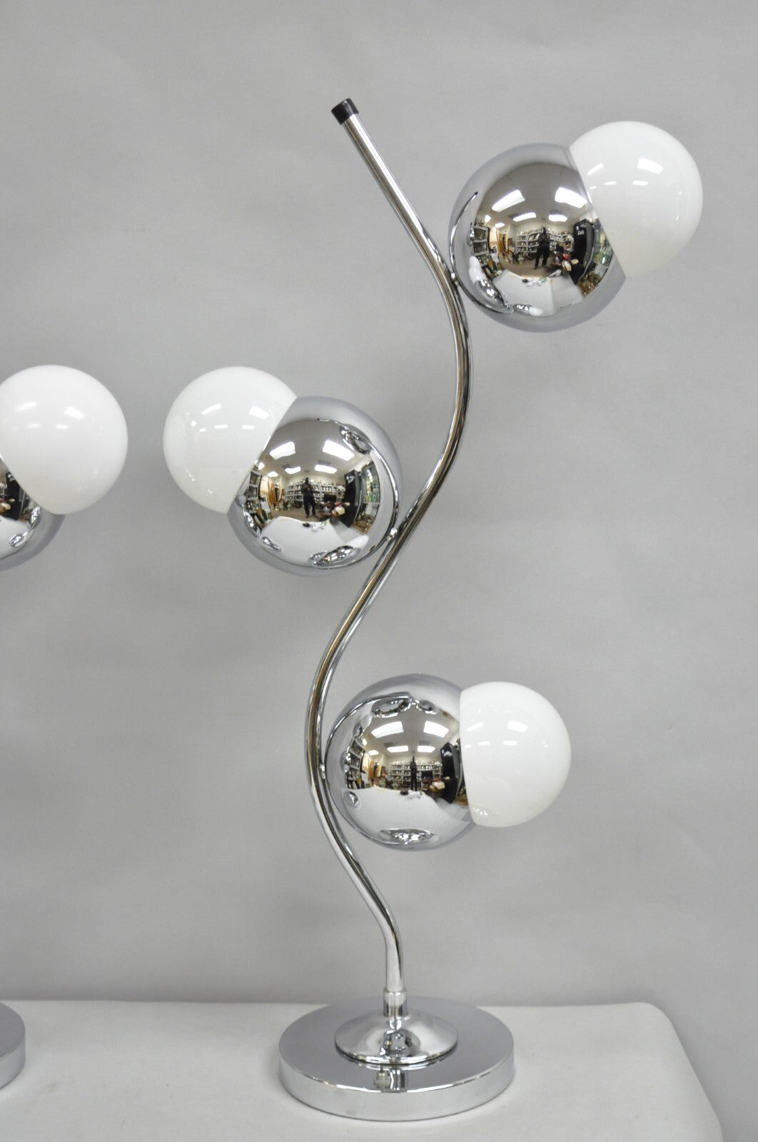 Vintage Mid Century Modern Sculptural Chrome Orb 3 Light Table Lamp -  a Pair