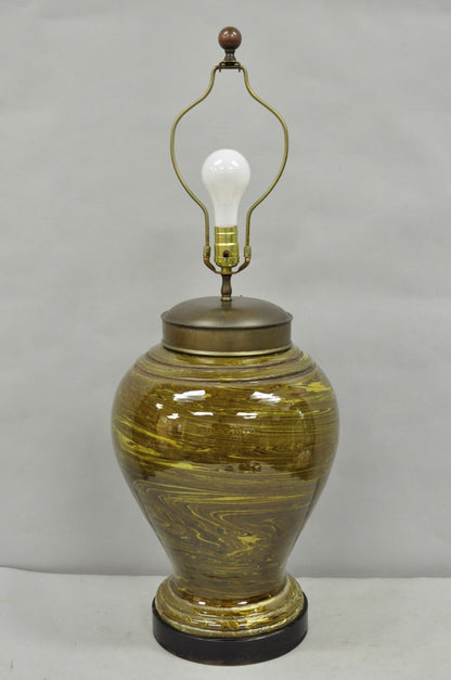 Vintage Mid Century Modern Green Swirl Glazed Ceramic Jardiniere Table Lamp
