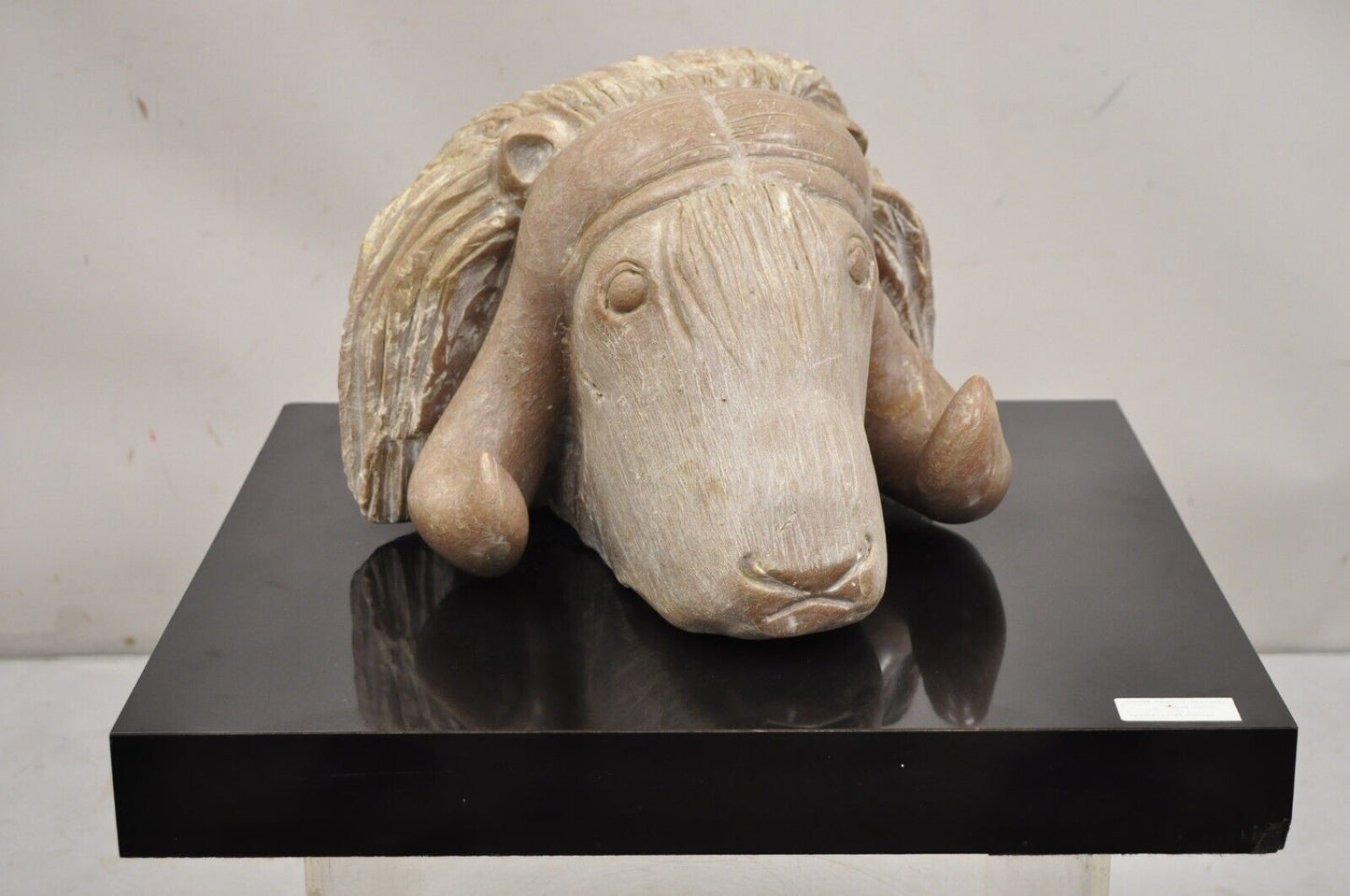 Sheryl C. Benjamin "Musk Ox" Carved Raspberry Alabaster Stone Table Sculpture