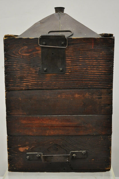 Antique Export Tin Metal Transport 5 Gallon Canister Container with Wood Case