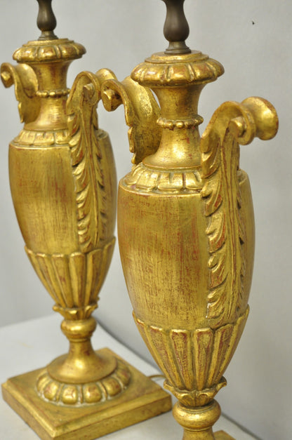 Vintage Italian Hollywood Regency Gold Giltwood Urn Form Table Lamps - a Pair
