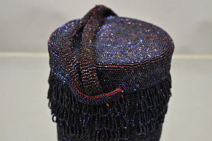 Vintage French Art Deco Blue Red Beaded Handbag Round Box Purse with Mirror