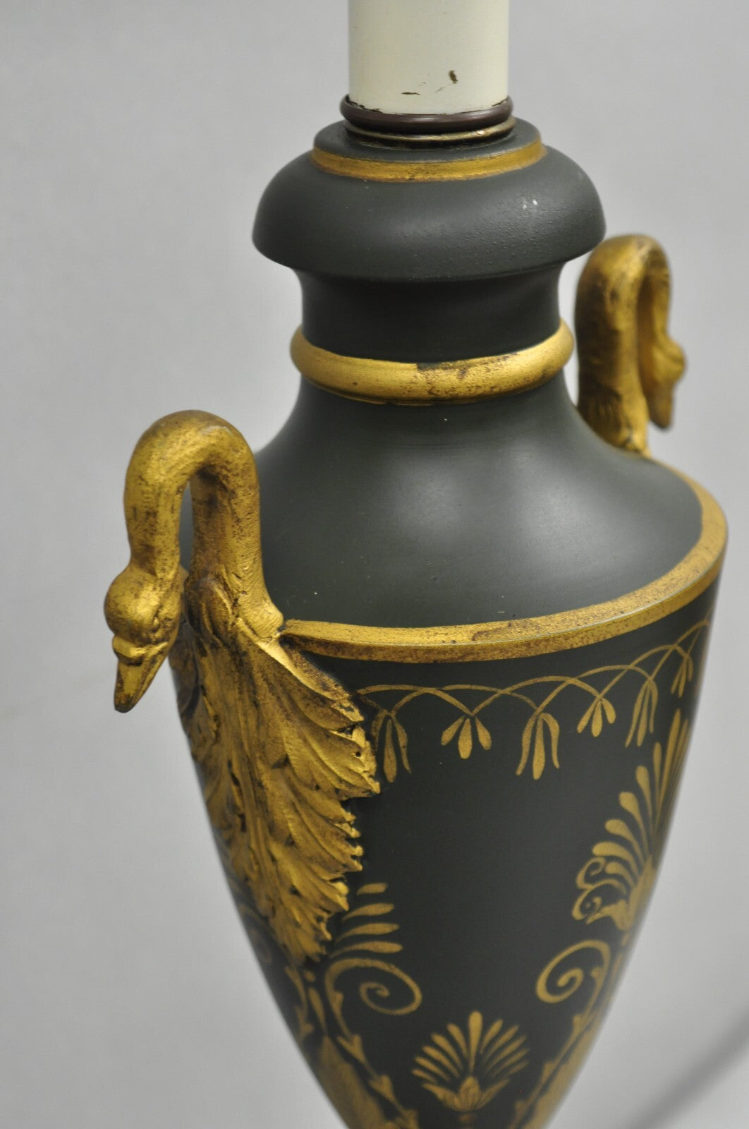 Vintage French Empire Green Tole Metal Gold Swan Painted Urn Table Lamp