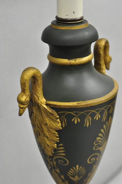 Vintage French Empire Green Tole Metal Gold Swan Painted Urn Table Lamp