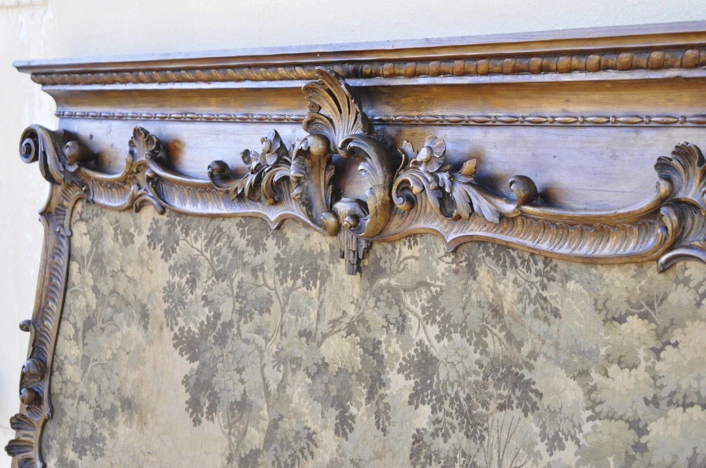 Antique French Tapestry Louis XV Rococo Carved Wood Overmantle Trumeau Mirror