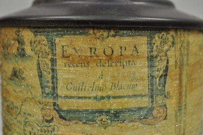 Vintage Regency Style European Old World Map Wrapped Cylinder Table Lamps - Pair