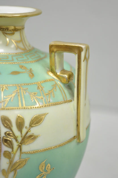 Antique Nippon Porcelain Hand Painted Windmill Scene Green Small Bolted Vase (B)