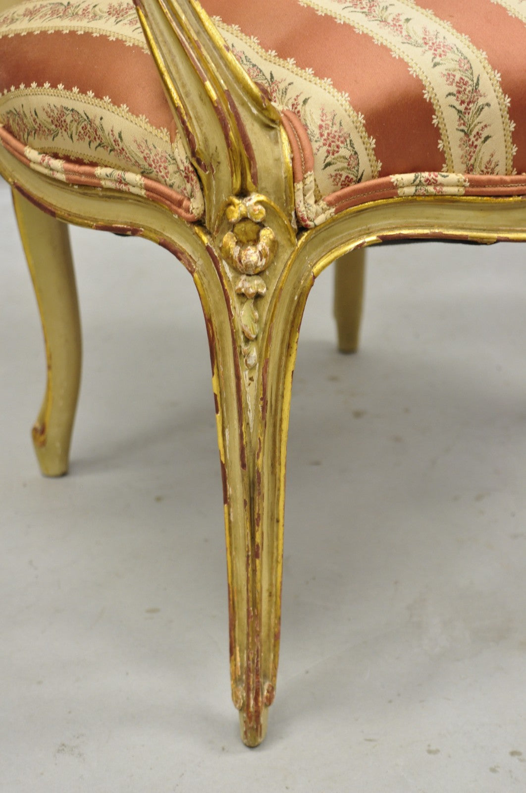 Antique French Louis XV Style Gold Giltwood Pink Stripe Fauteuil Arm Chair, Pair