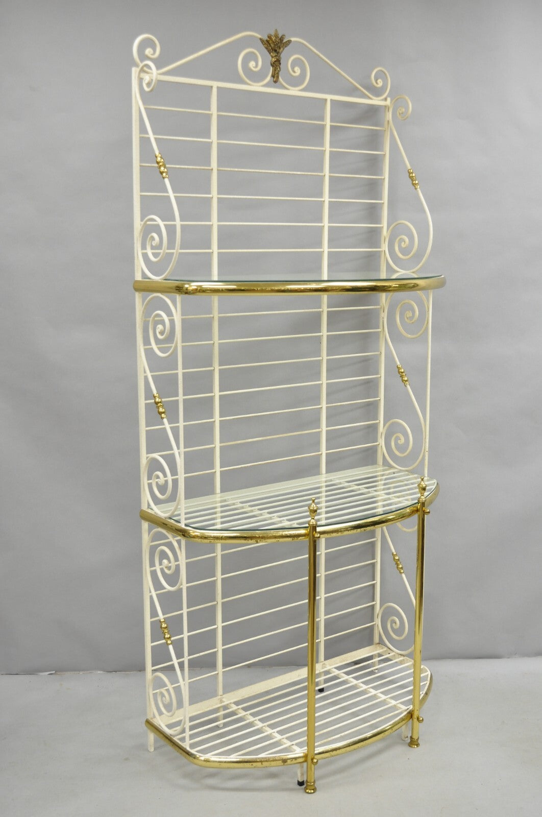 Vintage French Country White Wrought Iron & Brass 3 Tier Pastry Bakers Rack