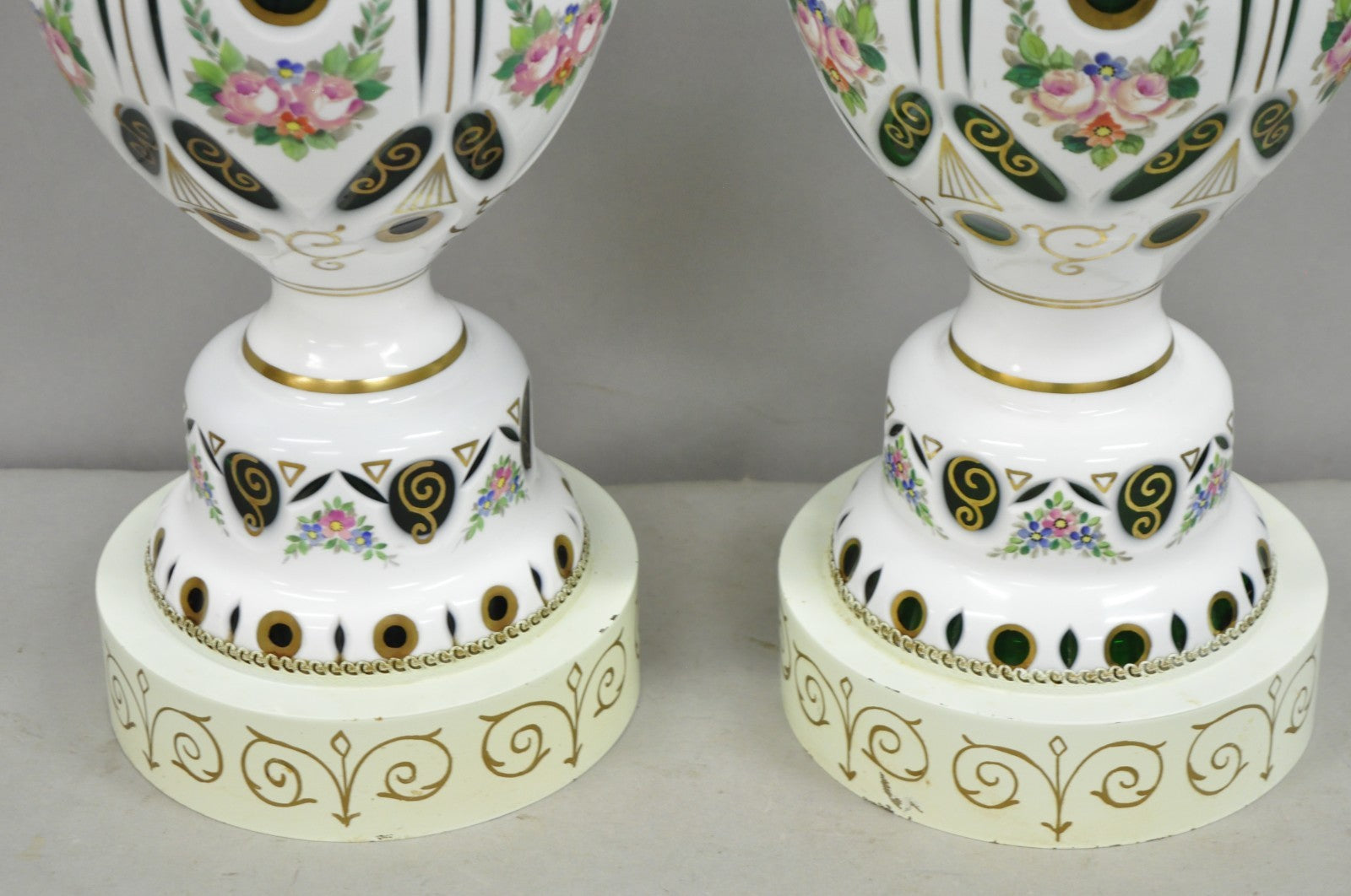 Antique Bohemian Czech Glass Green and White Flower Painted Table Lamps - a Pair