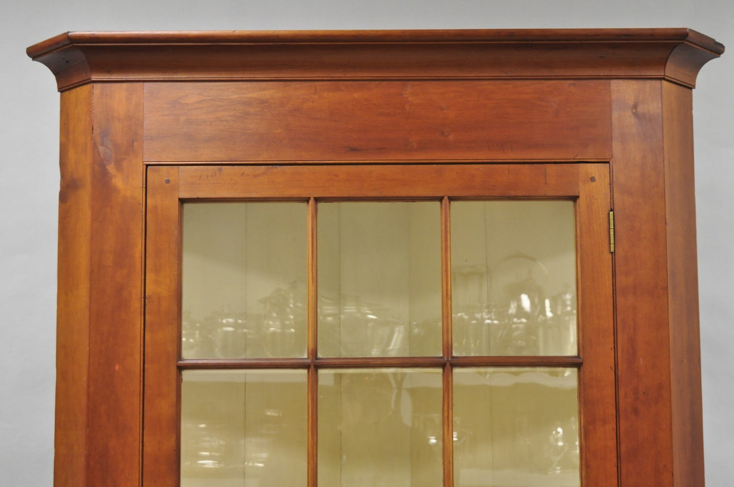 Antique Colonial Primitive Cherry Wood Glass Front Corner China Cabinet Cupboard
