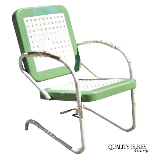 Art Deco Metal Basketweave Old Green White Porch Outdoor Spring Arm Chair