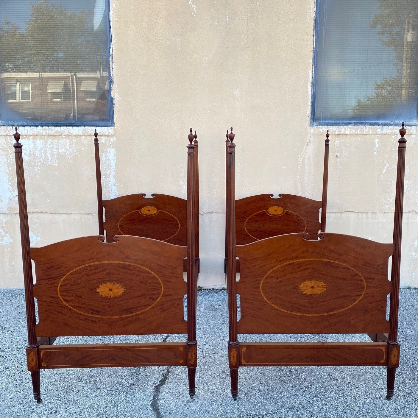 Antique Sheraton Federal Pinwheel Inlay Mahogany 4 Poster Twin Bed Frame - Pair