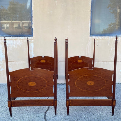 Antique Sheraton Federal Pinwheel Inlay Mahogany 4 Poster Twin Bed Frame - Pair