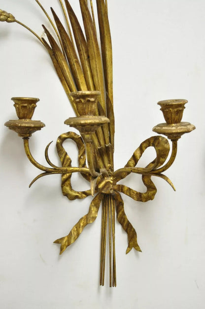 Italian Hollywood Regency Gold Iron Sheaf of Wheat Candle Wall Sconces - a Pair