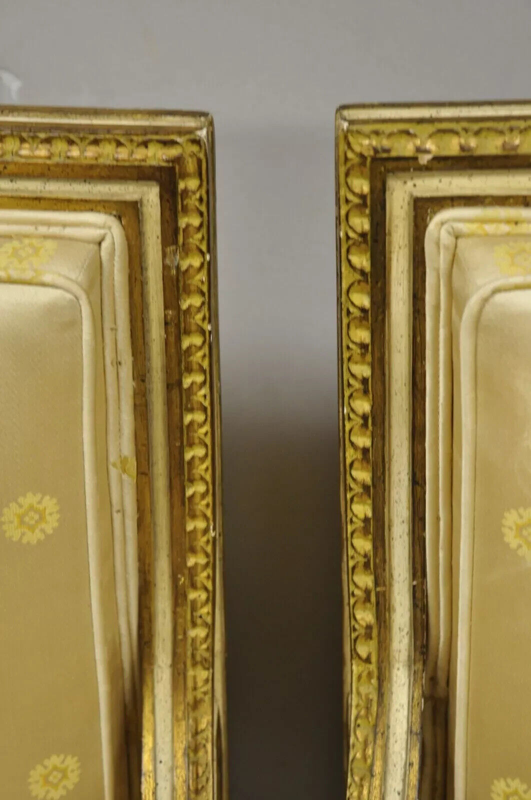 French Louis XVI Neoclassical Gold Silk Fauteuil Parcel Gilt Arm Chairs - a Pair