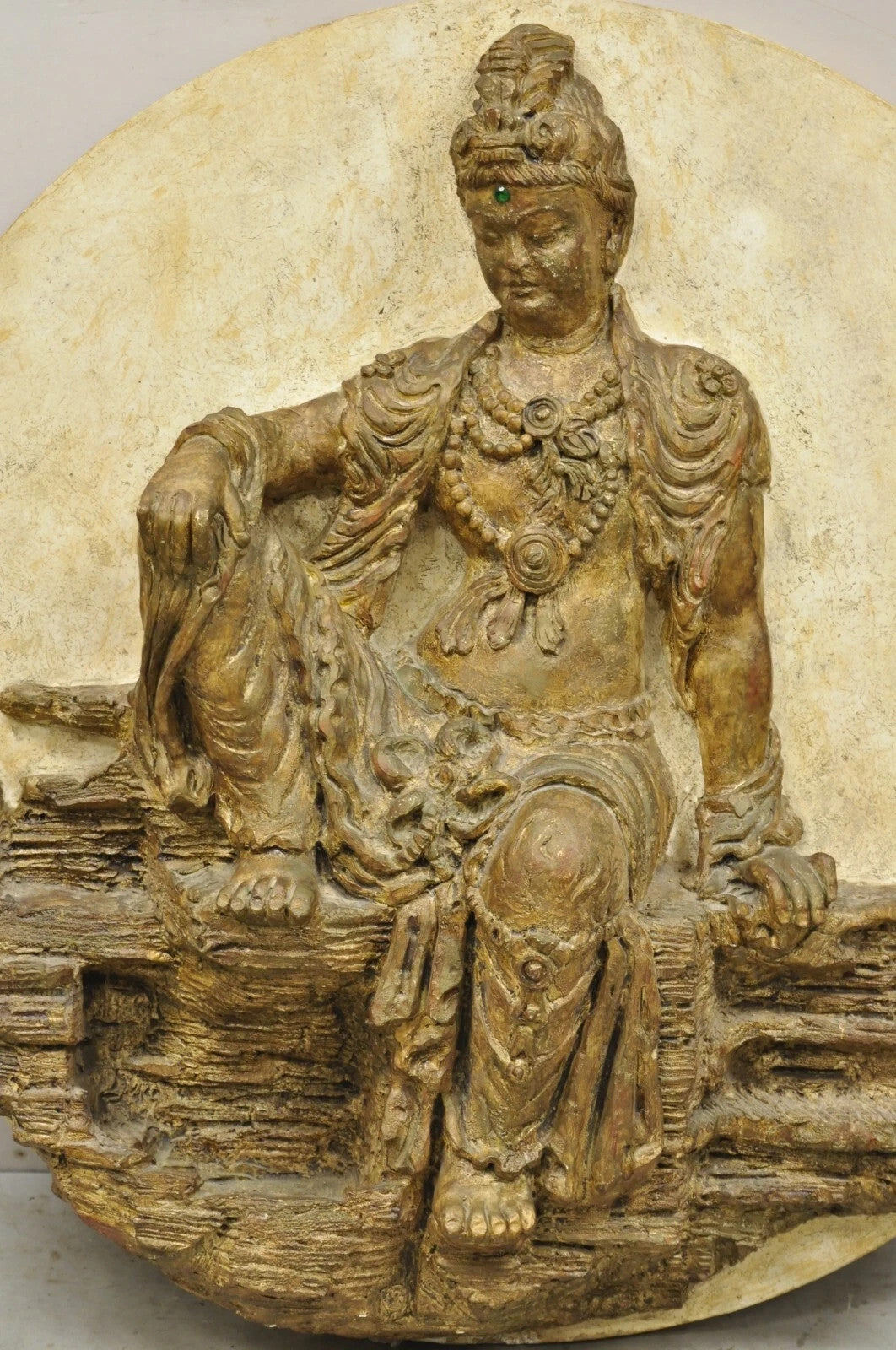 Vintage 43" Fiberglass Kuan Shih Yin Buddha Relief Round Wall Art Sculpture