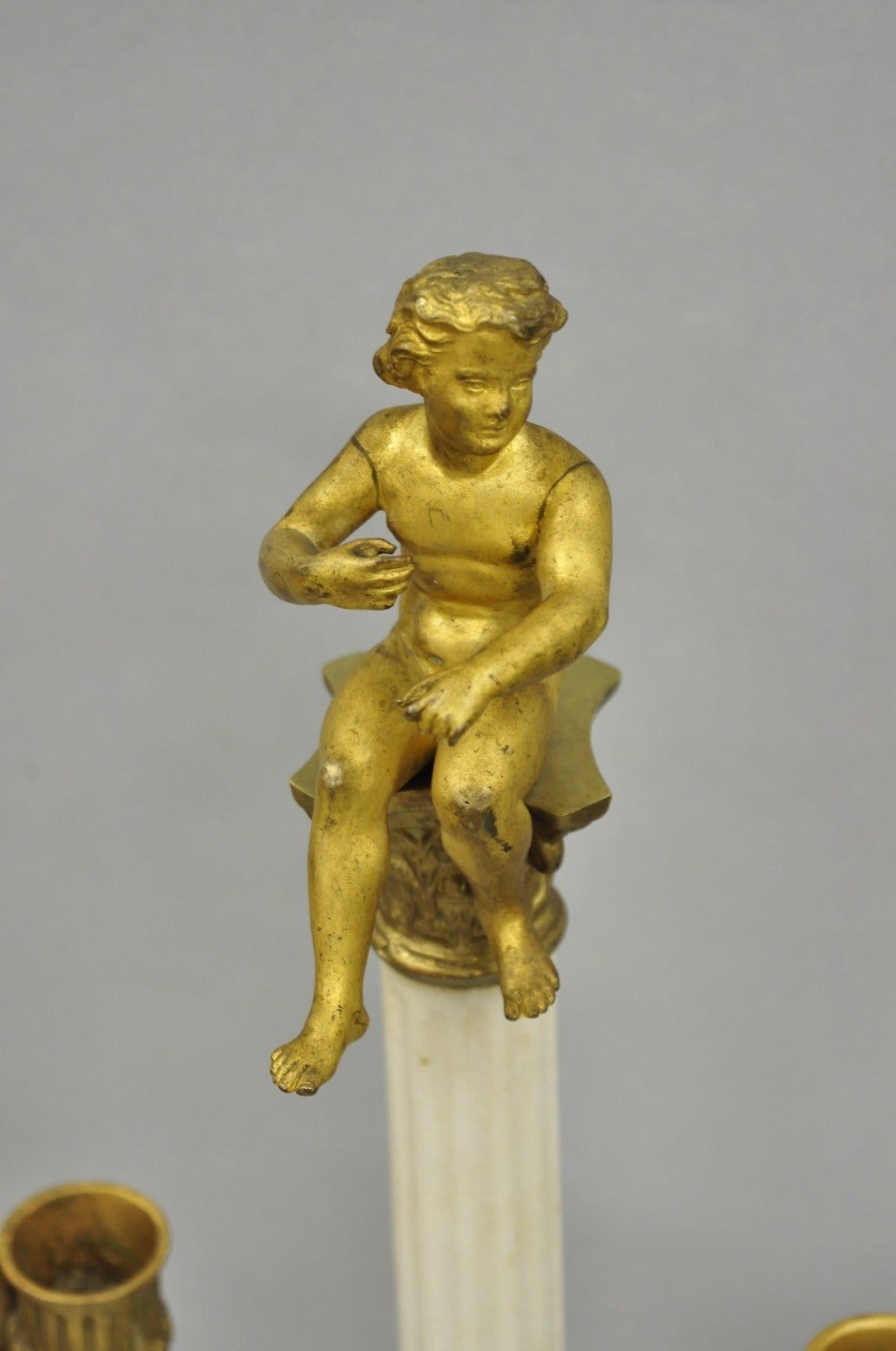 Antique French Neoclassical Bronze Swans Cherub Marble Column Candelabras - Pair