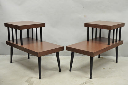 Vintage Mid Century Modern Two Tier Step Walnut Laminate Spindle End Table, Pair