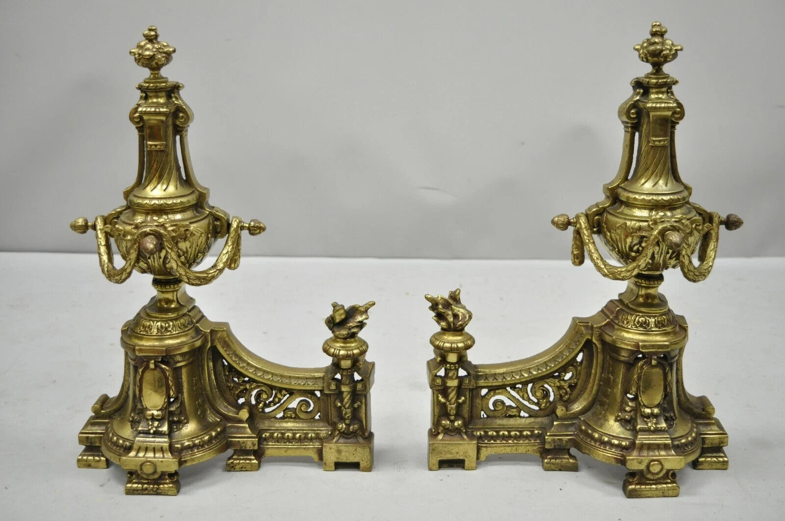 Antique French Louis XVI Brass Bronze Flame Finial Andirons w/ Adjustable Fender