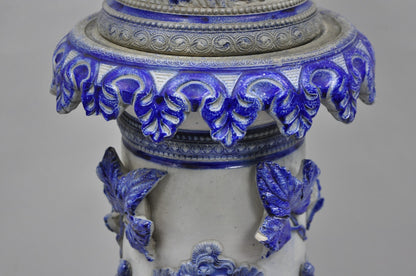 Antique German Westerwald Salt Glaze Stoneware Cobalt Blue Jardiniere & Pedestal