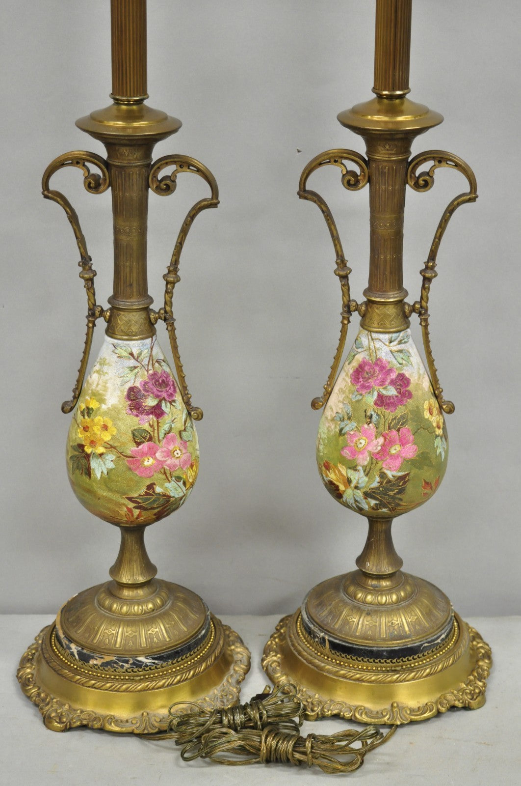 Antique Victorian Brass and Porcelain Urn Hand Painted Flower Table Lamps a Pair