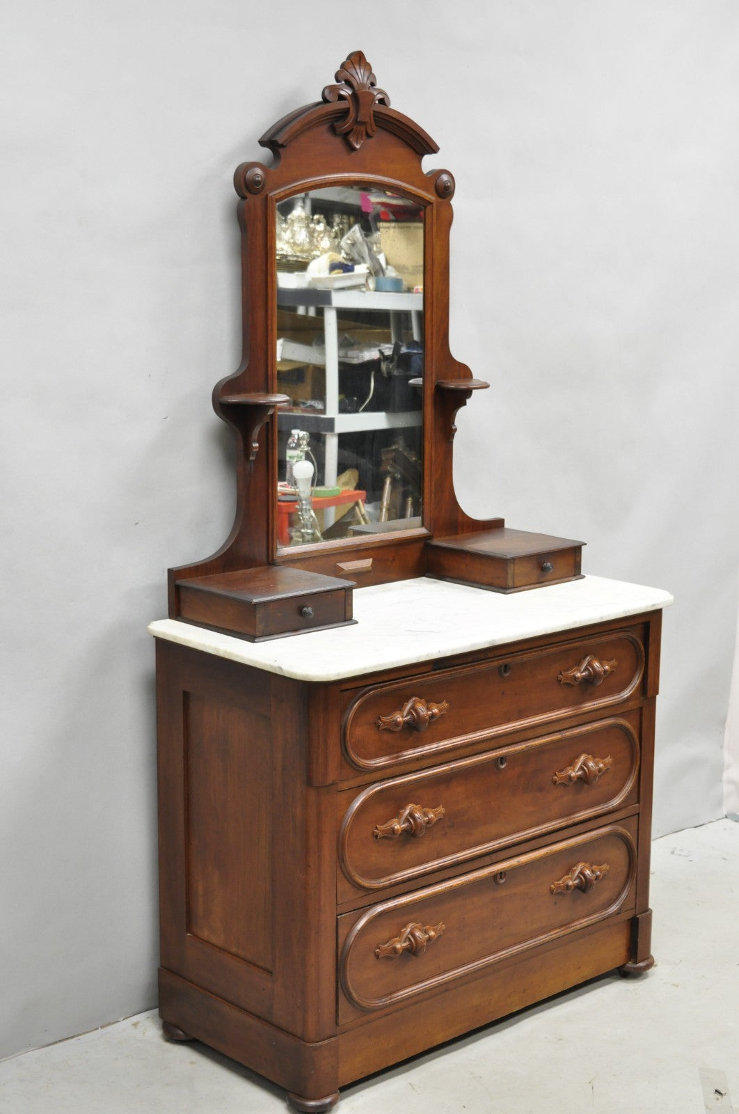 Antique Eastlake Victorian Carved Walnut Marble Top Washstand Dresser w/ Mirror