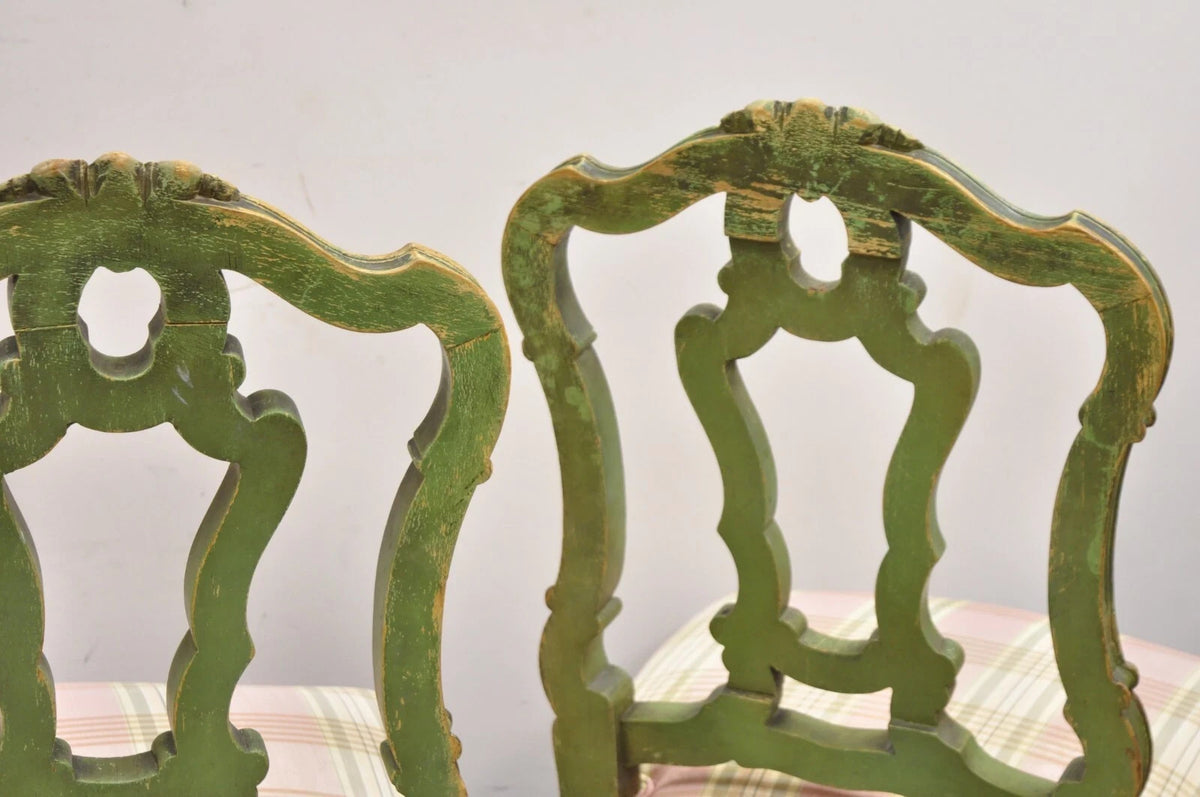 Antique Italian Venetian Green Floral Hand Painted Dining Side Chairs - Set of 4