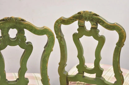 Antique Italian Venetian Green Floral Hand Painted Dining Side Chairs - Set of 4