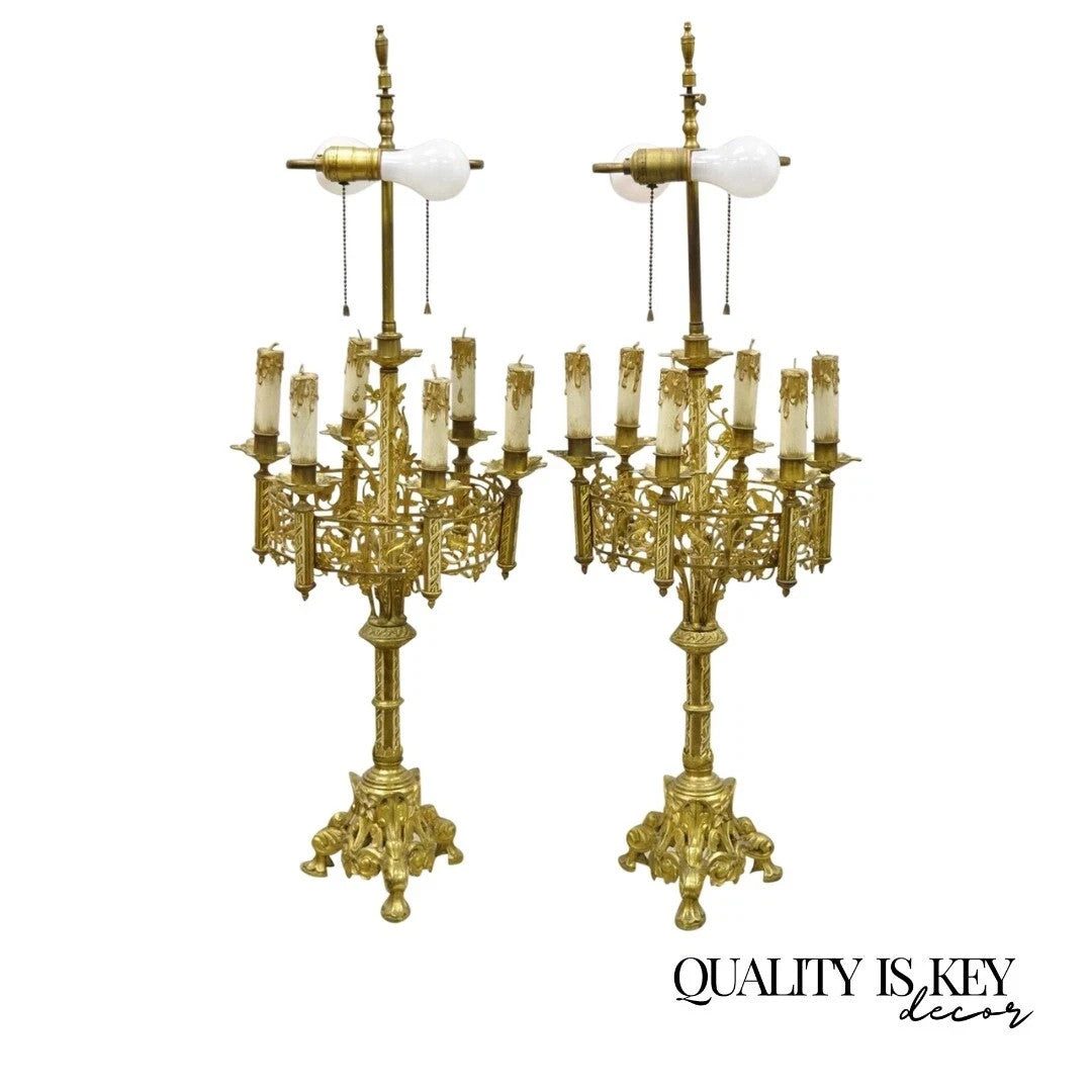 Antique Gothic Revival Gold Bronze Figural Candelabra Table Lamps - a Pair