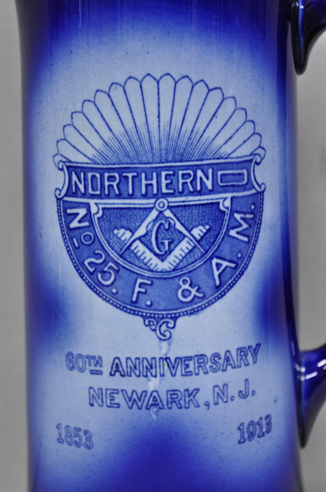 Antique 1913 60th Anni Northern Lodge No. 25 Masonic Cobalt Blue Ceramic Pitcher