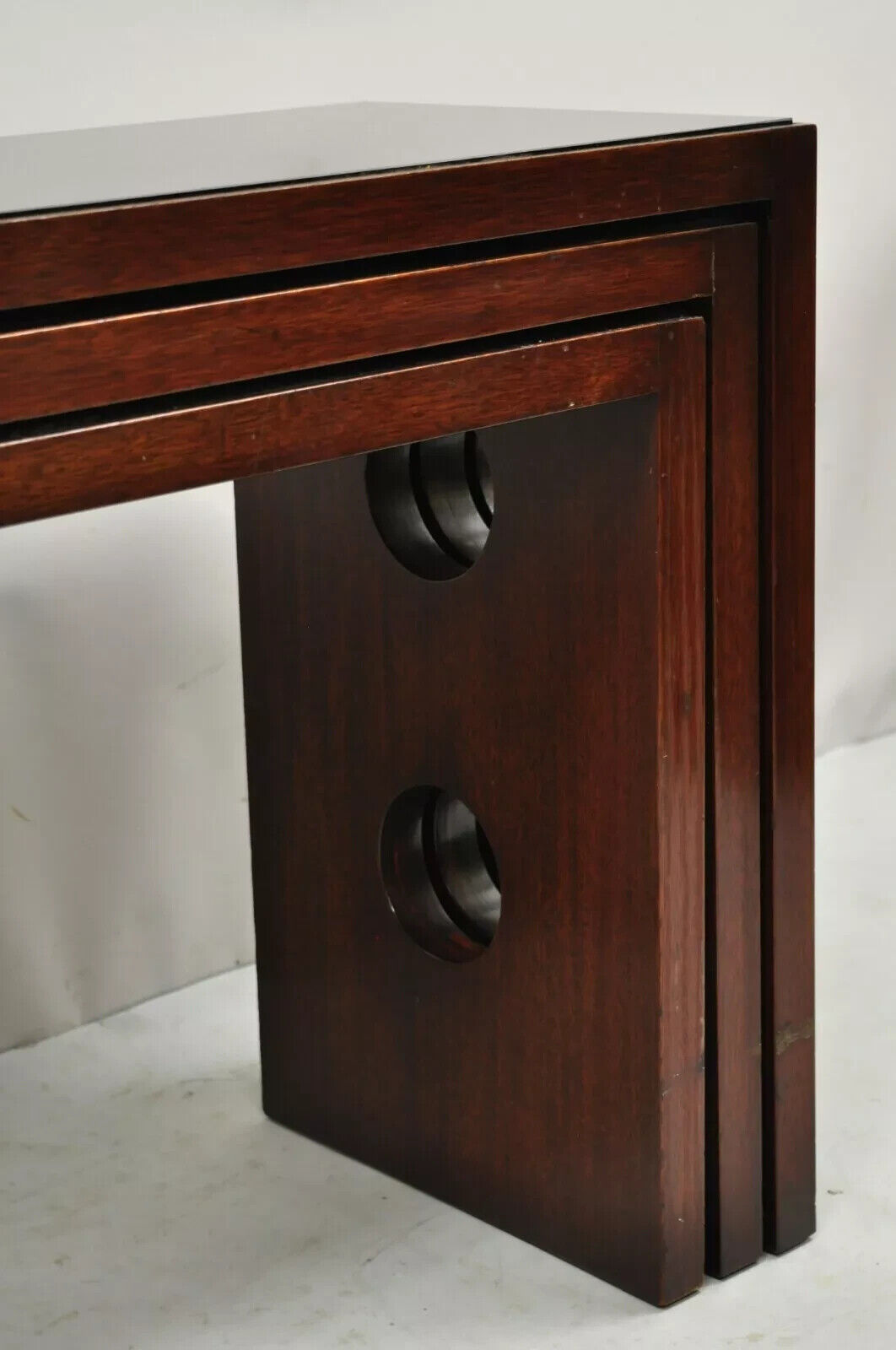 James Mont Mid Century Modern Mahogany & Glass Top Art Deco Nesting Side Tables