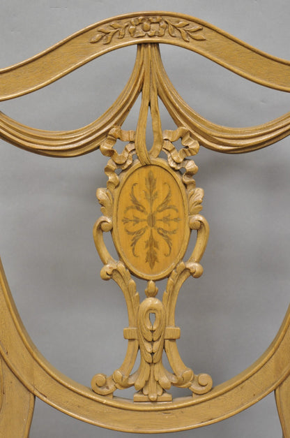 Hepplewhite Prince of Wales Drape Carved Shield Back Dining Arm Chairs - a Pair