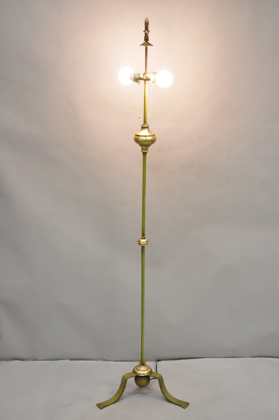 Antique Spanish Renaissance Gothic Green Iron & Brass Tripod Pole Floor Lamp