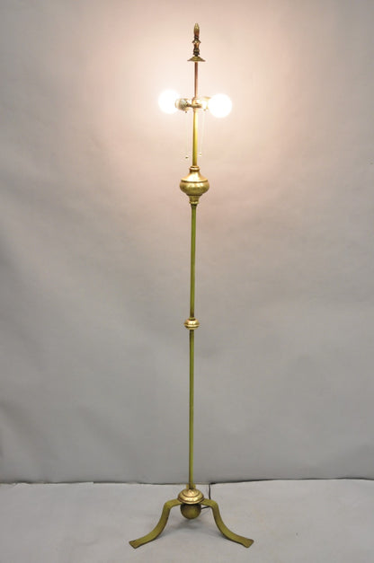 Antique Spanish Renaissance Gothic Green Iron & Brass Tripod Pole Floor Lamp