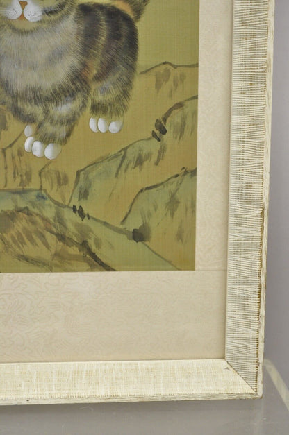 Vintage Chinese Watercolor Silkscreen Framed Painting of Cats and Flowers