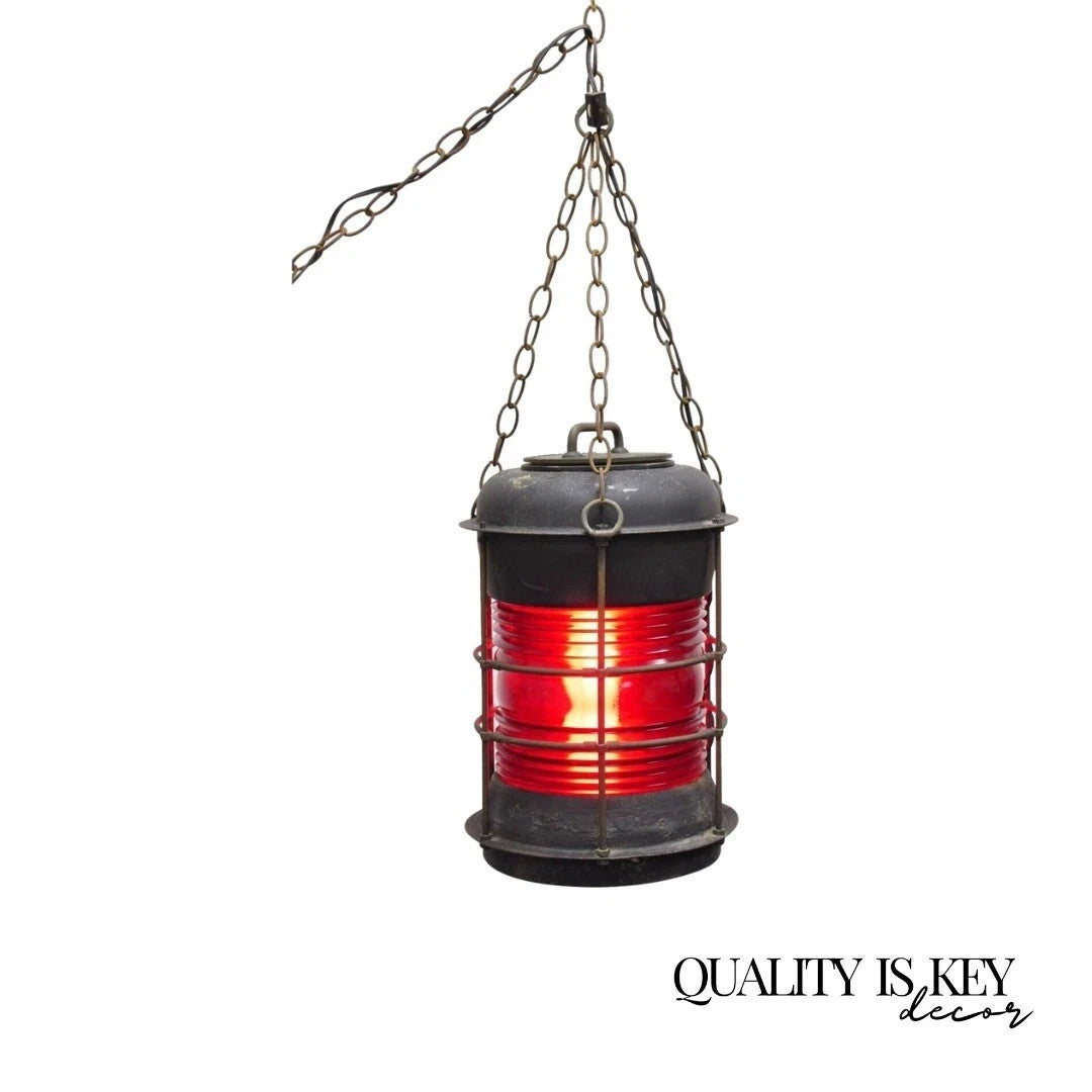 Antique Durkee Marine Ship Lantern Fixture Red Fresnel Pendant Chandelier (B)