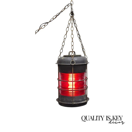 Antique Durkee Marine Ship Lantern Fixture Red Fresnel Pendant Chandelier (B)