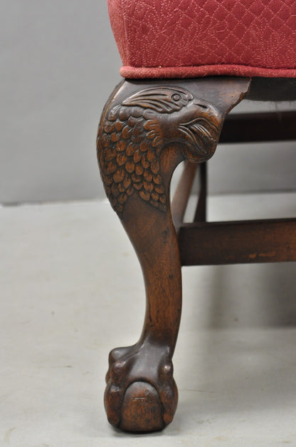 Antique Georgian Style Carved Mahogany High Wingback Lounge Chair w / Eagle Legs