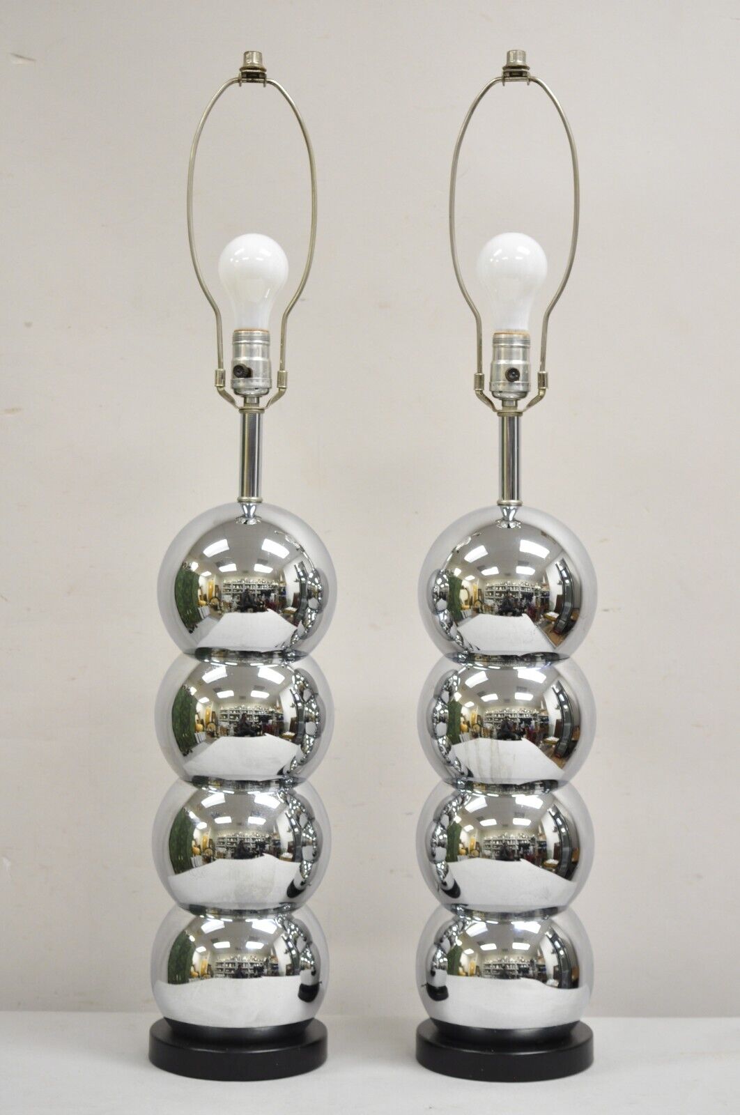 George Kovacs Mid Century Modern Chrome 4 Stacked Ball Table Lamps - a Pair